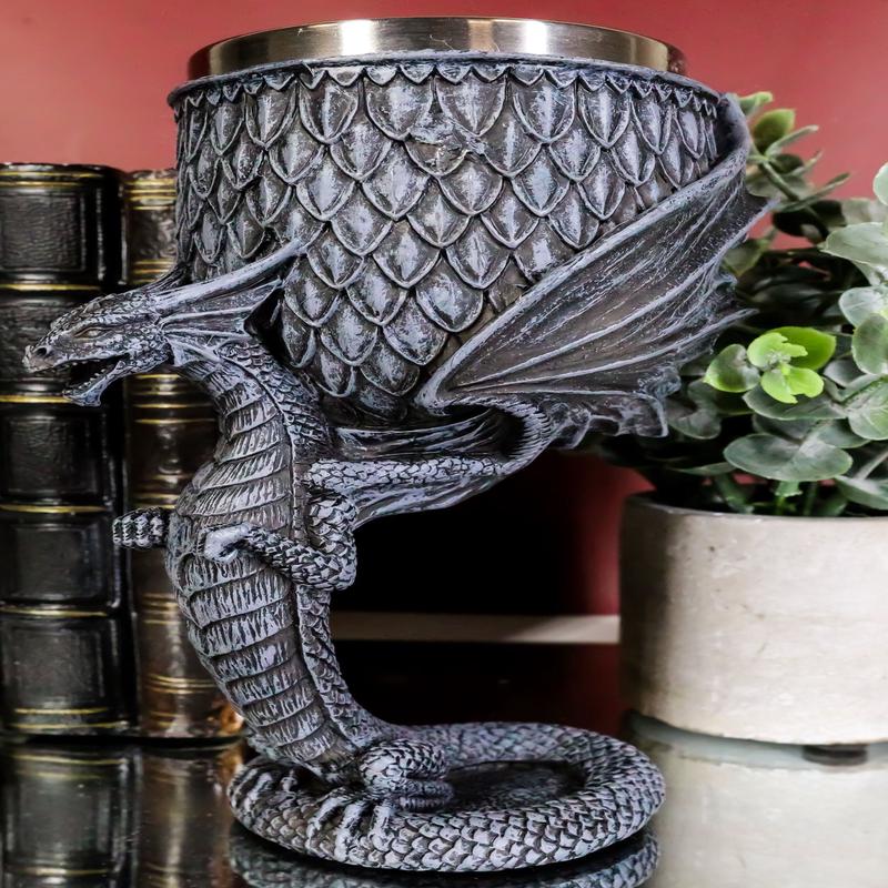 Archaic Gray Stone Dragon Atlas Bearing Globe Of Scales Wine Goblet Chalice Cup