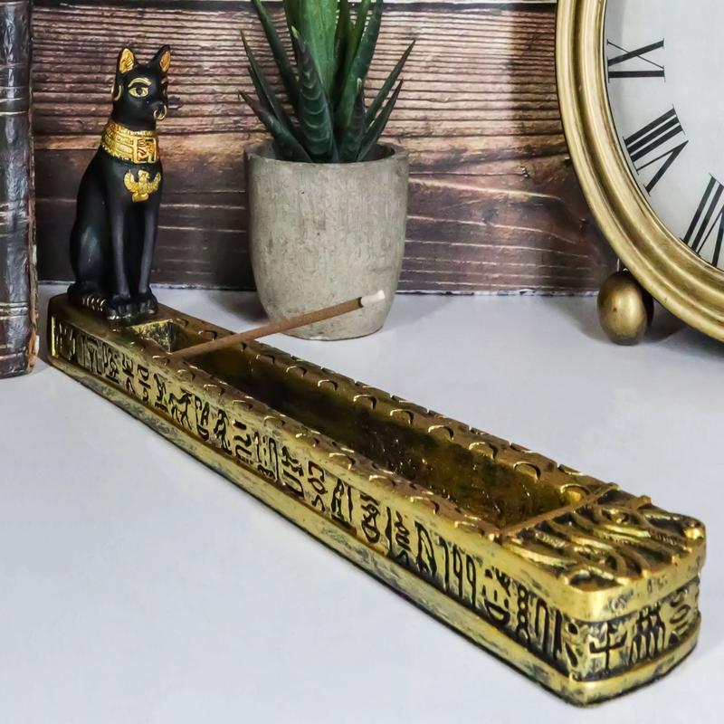 Egyptian Goddess of Protection Bastet Cat Deity Hieroglyphic Incense Holder