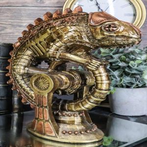 Geared Clockwork Vintage Steampunk Iguana Lizard Coiling On Stand Figurine