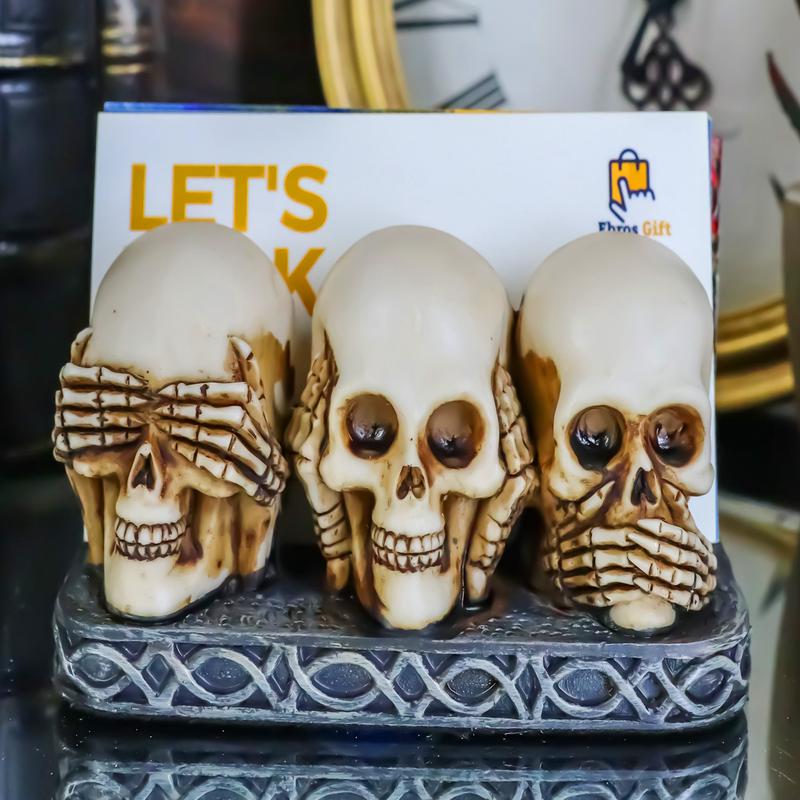 Gothic See Hear Speak No Evil Skulls By Red Roses Business Cards Holder Figurine