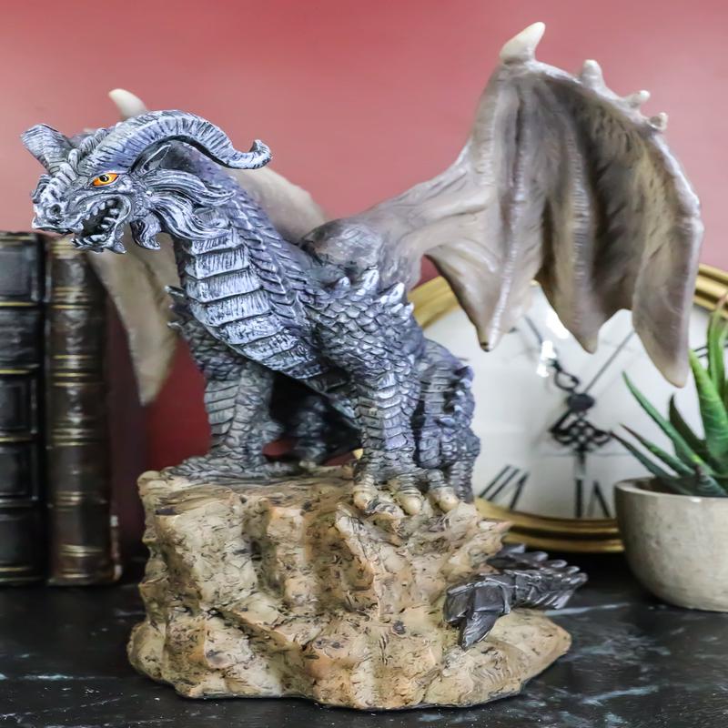 Large Medieval Sentry Abraxas Black Dragon Standing On Stump Rock Statue 9.25"H