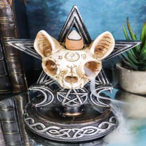 Occult Ouija Cat Skull With Triple Moon And Pentagram Backflow Incense Burner