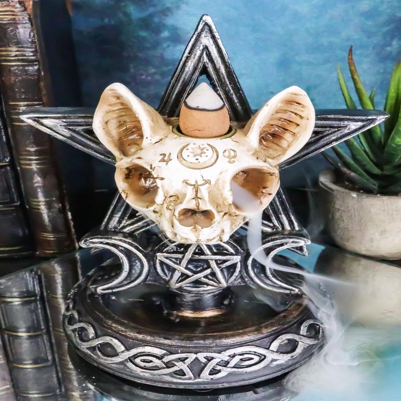 Occult Ouija Cat Skull With Triple Moon And Pentagram Backflow Incense Burner