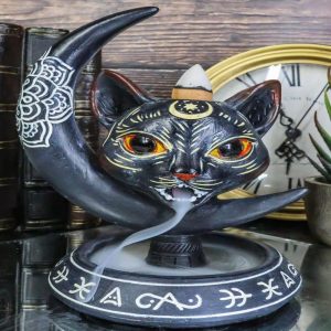 Occult Wicca Sacred Geometry Black Cat Crescent Moon Backflow Incense Burner