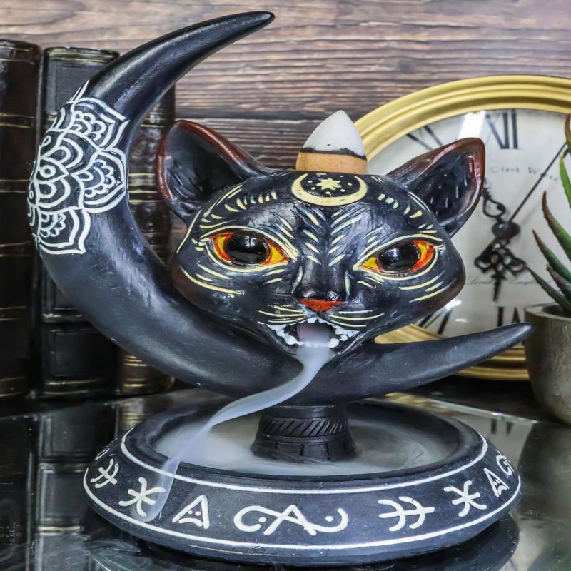 Occult Wicca Sacred Geometry Black Cat Crescent Moon Backflow Incense Burner