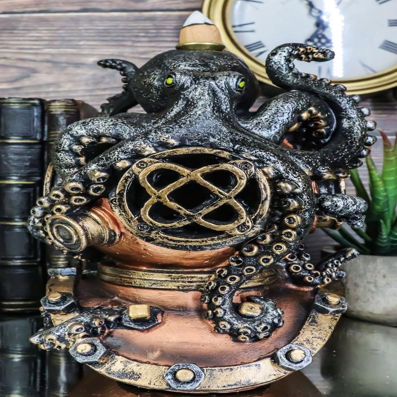 Ocean Marine Octopus Kraken On Steampunk Divers Helmet Incense Cone Burner
