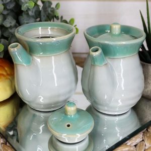 Pack Of 2 Green Japanese Tenmoku Glazed Porcelain Vinegar Soy Sauce Dispensers