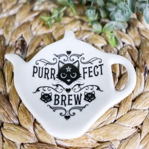 Pack Of 2 Wicca Purrfect Brew Cat Porcelain Tea Spoon Or Bag Rest Petite Plate