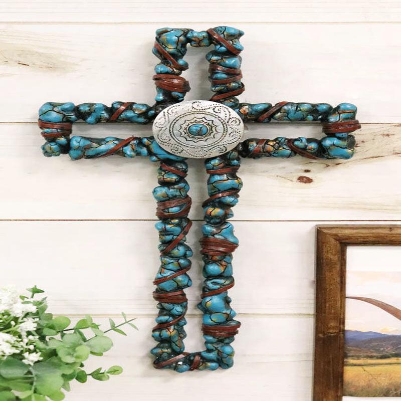 Rustic Southwestern Crackled Turquoise Rocks And Western Concho Wall Cross Decor