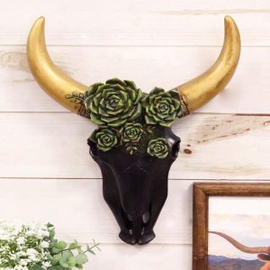 Rustic Western Bison Bull Cow Skull With Green Floral Roses Wall Decor Plaque