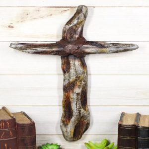 Rustic Western Faux Distressed Wood Trunks Inspirational Wall Cross Plaque 16"H