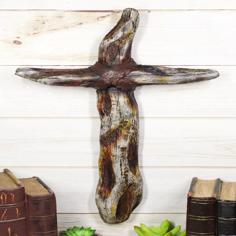 Rustic Western Faux Distressed Wood Trunks Inspirational Wall Cross Plaque 16"H