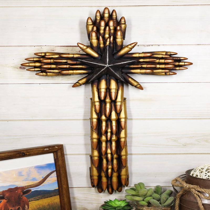 Rustic Western Star Military Pistol Bullet Shell Casings Memorial Wall Cross
