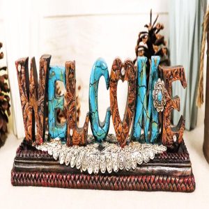 Rustic Western Tooled Leather Scrollwork Turquoise Rocks Welcome Desktop Plaque