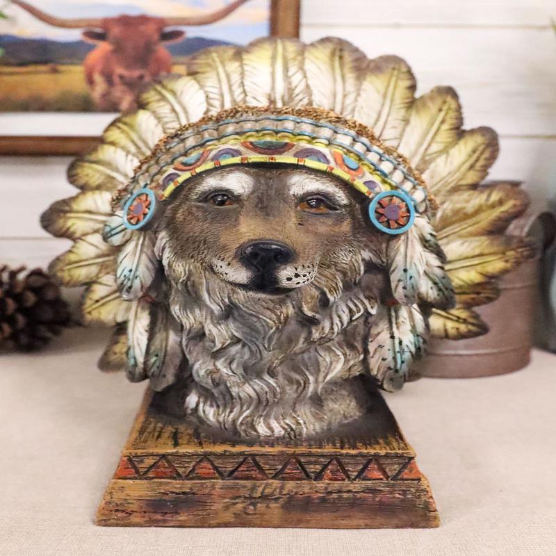 Rustic Western Tribal Indian Warrior Chief Headdress Wolf Figurine With Base