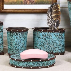 Rustic Western Turquoise Floral Soap Dish Toothbrush Holder And Soap Pump Set