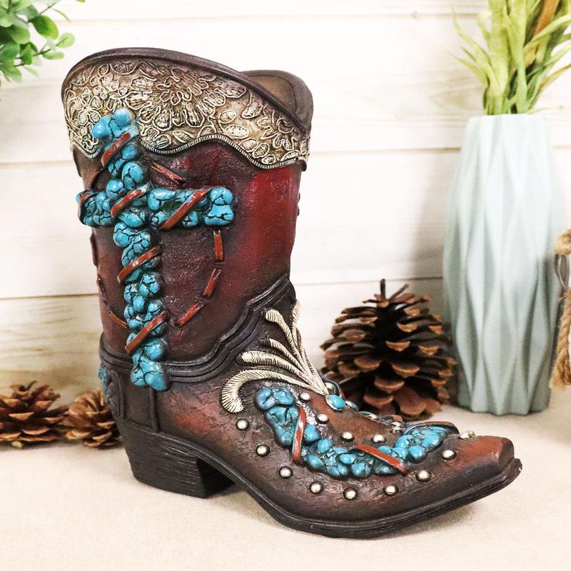 Rustic Western Turquoise Rocks Cross Scroll Art Flower Vase Planter Cowboy Boot
