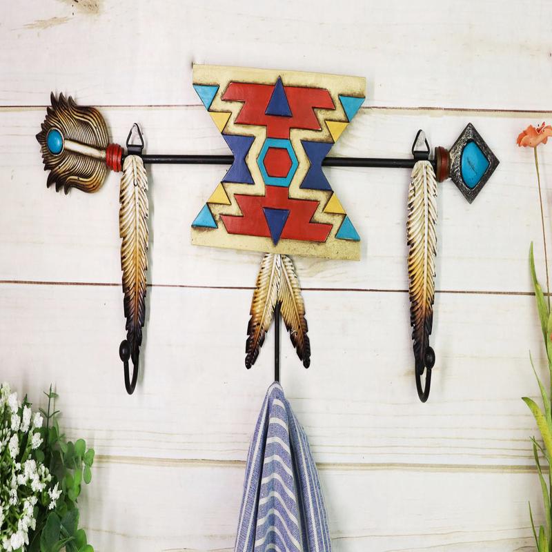 Southwestern Boho Chic Aztec Turquoise Arrow Feathers 3-Pegs Wall Hooks Decor