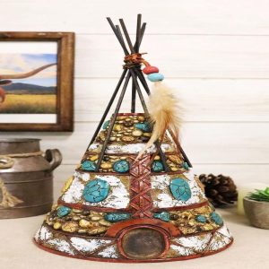 Southwestern Dreamcatcher Feathers Turquoise Rocks Indian Teepee Hut Figurine