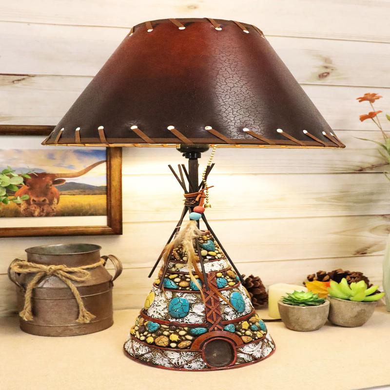 Southwestern Indian Teepee Hut Dreamcatcher Feathers Turquoise Rocks Table Lamp