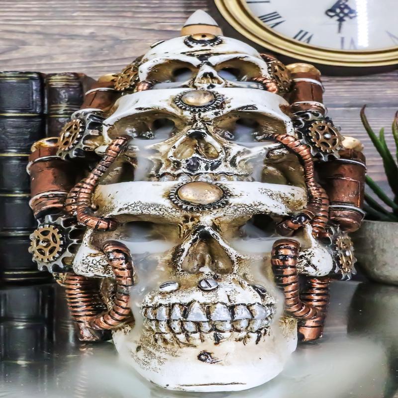 Steampunk Geared Trio Skulls Smoke Waterfall Backflow Incense Cone Tower Burner