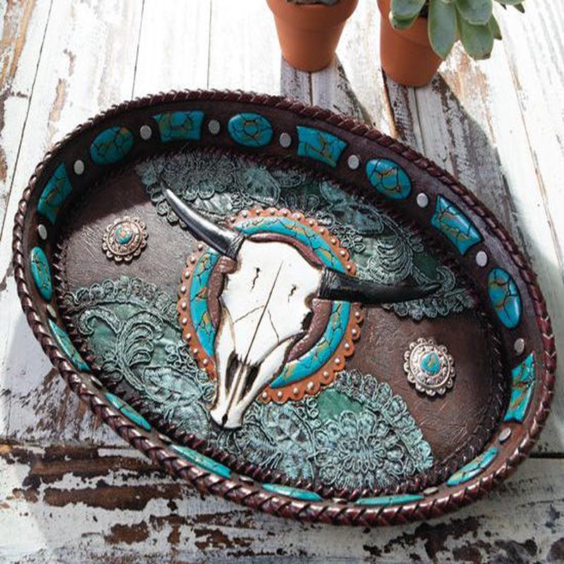 Western Rustic Cowboy Texas Longhorn Skull Turquoise Conchos Dish Tray 12"L