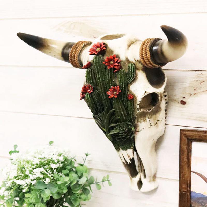 Western Rustic Green Flowering Cactus Steer Bison Bull Cow Skull Wall Decor