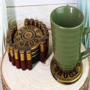 Western Shotgun 12 Gauge Bullet Shells Round Coaster Holder with 4 Coasters Set