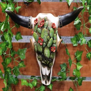 12"L Southwestern Steer Cow Skull With Ropes And Cactus Blooms Wall Decor Plaque
