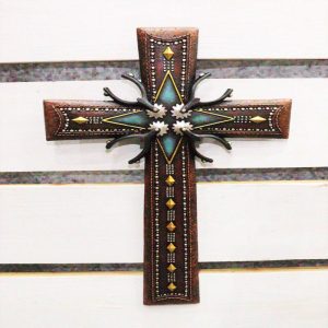 18"H Rustic Western Cowboy Tooled Leather Stars Diamonds Spurs Wall Cross Decor