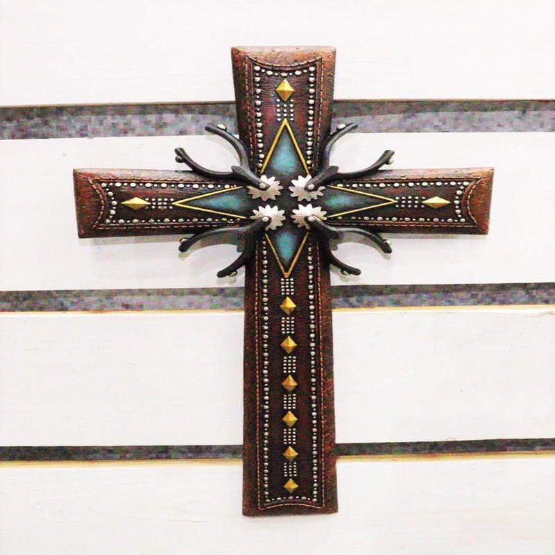 18"H Rustic Western Cowboy Tooled Leather Stars Diamonds Spurs Wall Cross Decor
