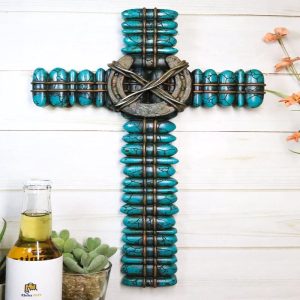 18"H Rustic Western Turquoise Pebbles Horseshoe Barbed Wires Wall Cross Plaque