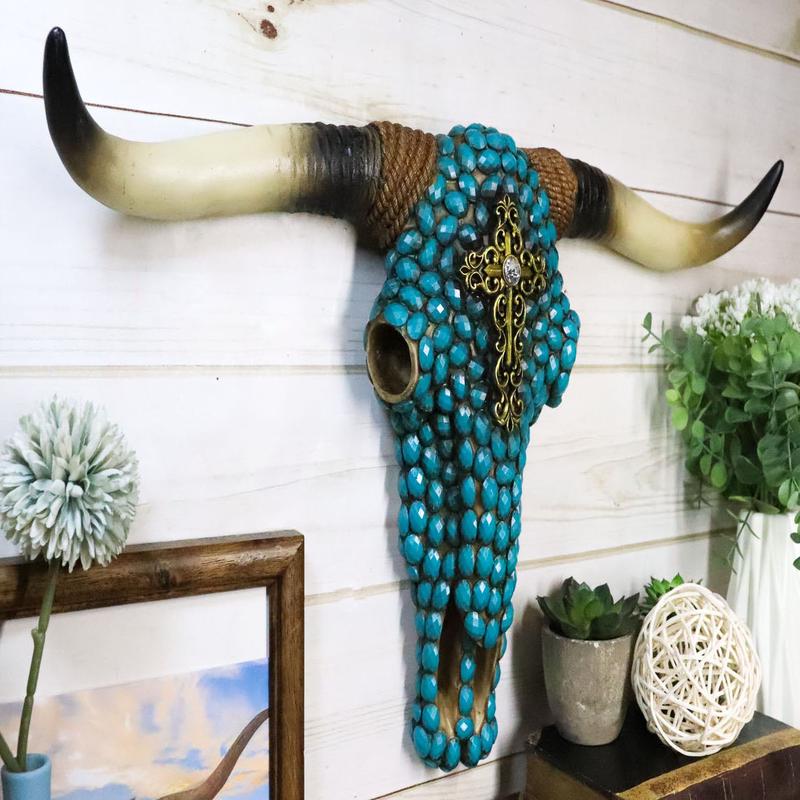20" L Rustic Western Turquoise Beads Cross Longhorn Bull Cow Skull Wall Decor