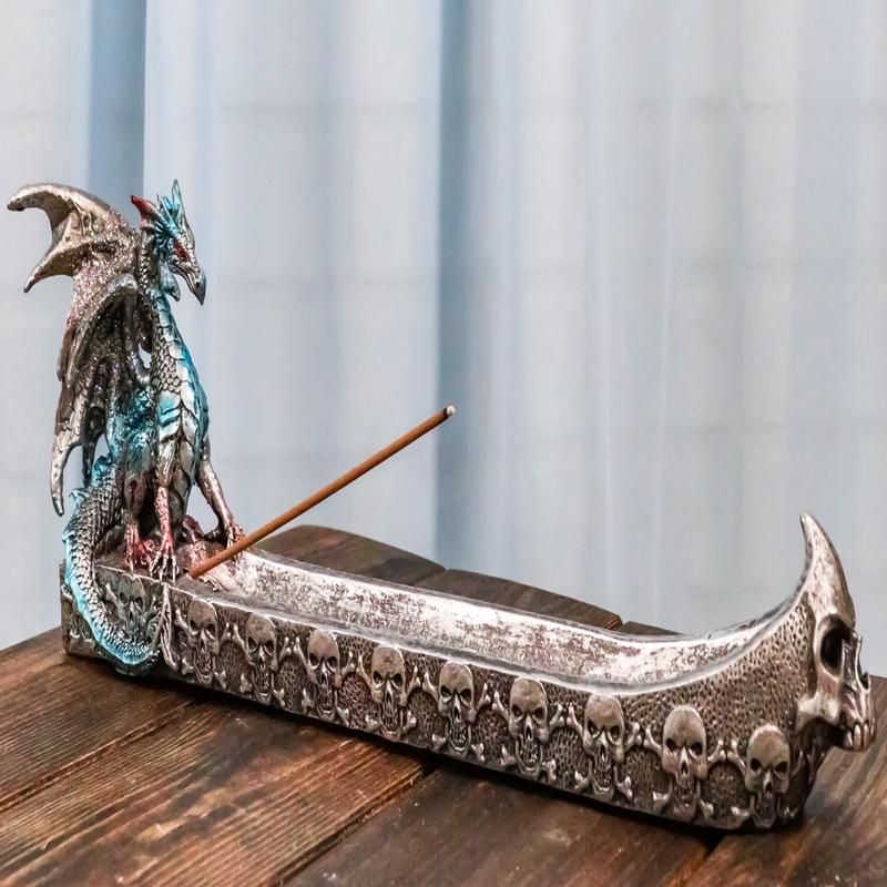 Blue Azureo Dragon On River Styx Boat of Skulls Incense Burner Holder Figurine