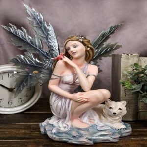 Blue Frozen Ice Fairy with Frost Flake Wings Crouching by Snow Wolf Pup Figurine