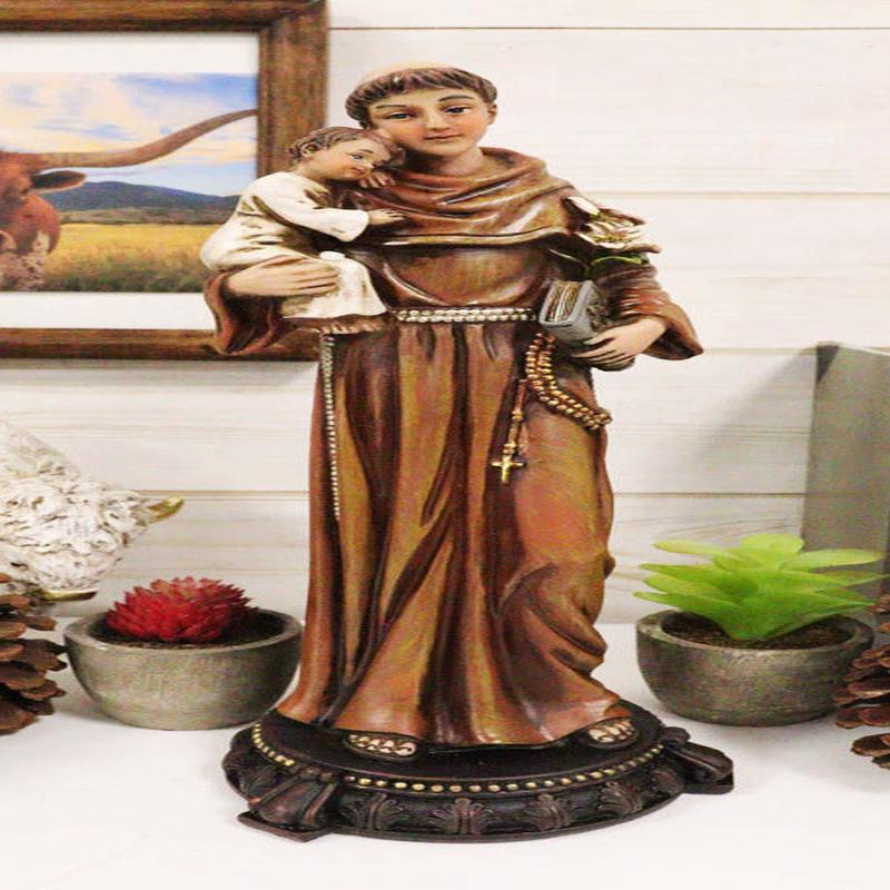 Catholic Saint Anthony of Padua Carrying Baby Jesus Lilies Scriptures Figurine