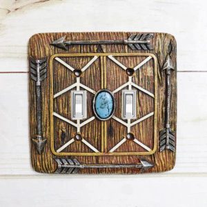 Faux Wood Indian Turquoise 4 Arrows Wall Double Toggle Switch Plates Set Of 2