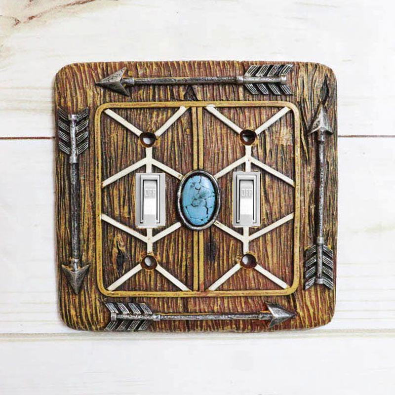 Faux Wood Indian Turquoise 4 Arrows Wall Double Toggle Switch Plates Set Of 2
