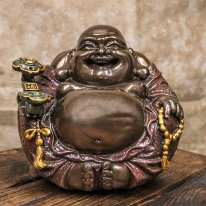 Feng Shui Hotei Laughing Happy Buddha with Gold Ingot and Prayer Beads Figurine