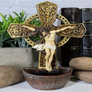 Jesus On The Cross Crucifix Wall Mount Or Desktop Dresser Plaque Holy Water Font