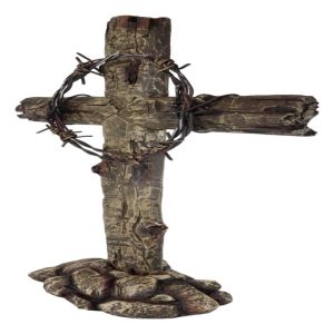 Large Rustic Western Barbed Wire Crown Faux Wood Cross On Rocks Desktop Plaque