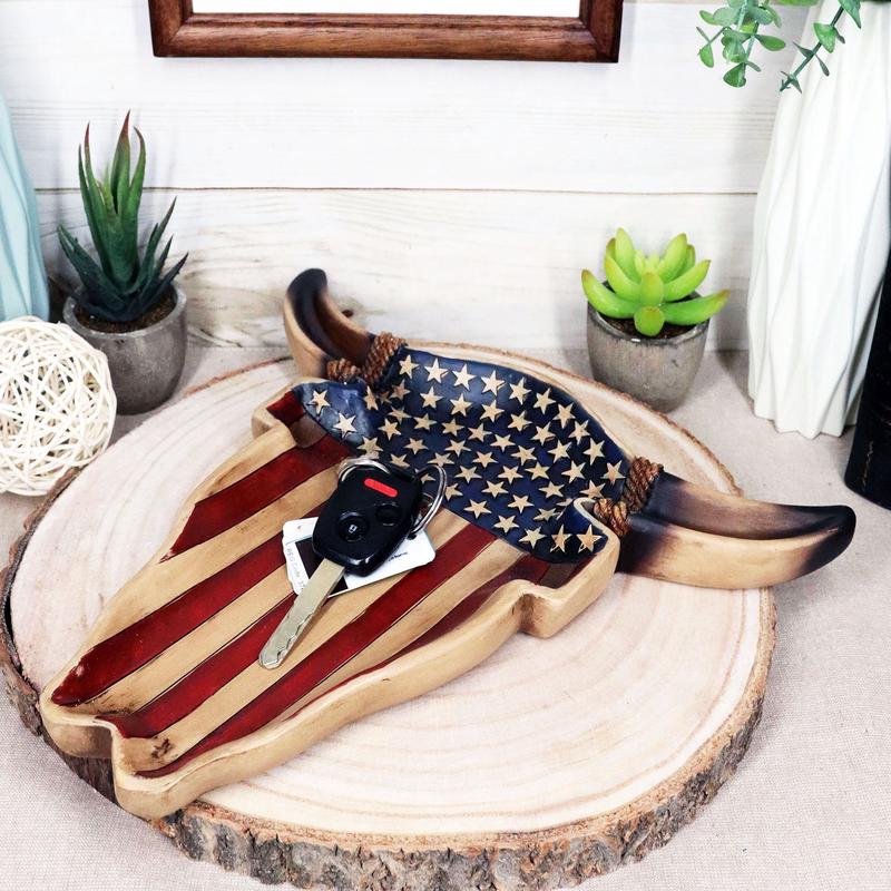 Large Western Rustic Patriotic US Stars Stripes Flag Cow Skull Jewelry Dish Tray