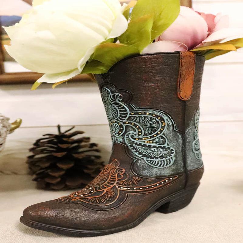 Petit Western Boho Chic Turquoise Lace Tooled Leather Cowboy Boot Vase Decor