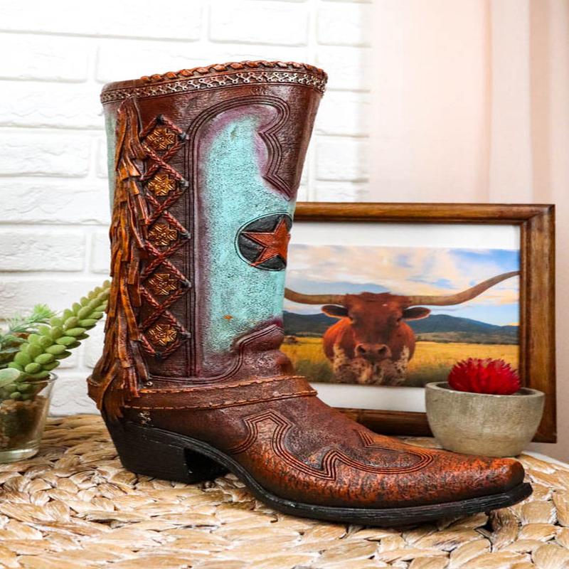 Rustic Country Faux Tooled Leather Western Lone Star Turquoise Cowboy Boot Vase