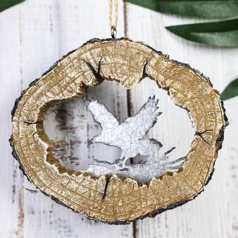 Rustic Western Bald Eagle Faux Wood Log Slice Set of 4 Christmas Tree Ornaments