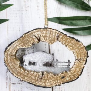 Rustic Western Bison Buffalo Faux Wood Log Set of 4 Christmas Tree Ornaments