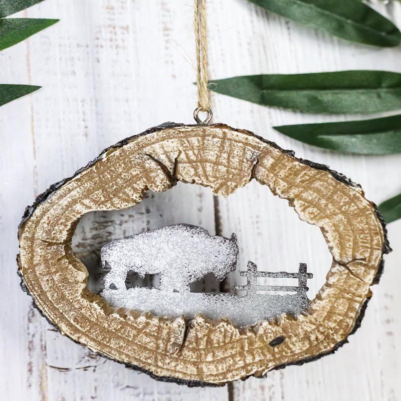 Rustic Western Bison Buffalo Faux Wood Log Set of 4 Christmas Tree Ornaments