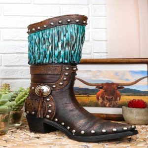 Rustic Western Country Turquoise Frills Faux Tooled Leather Cowgirl Boot Vase