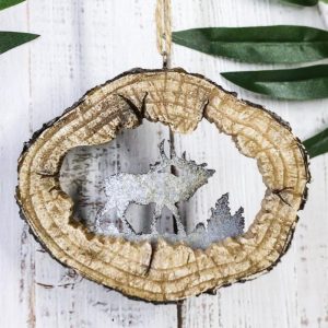 Rustic Western Elk Deer Faux Wood Log Slice Set of 4 Christmas Tree Ornaments