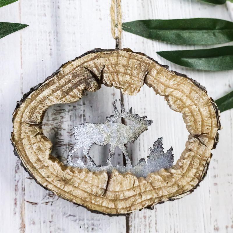 Rustic Western Elk Deer Faux Wood Log Slice Set of 4 Christmas Tree Ornaments
